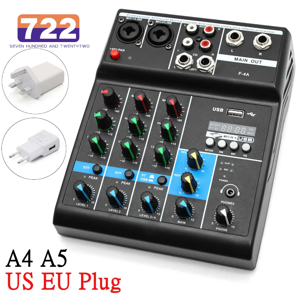 4-channel Sound Mixing Console Portable Bluetooth-compatible USB Record Computer 48V Phantom Power Audio Mixer Sound Card A4 A5