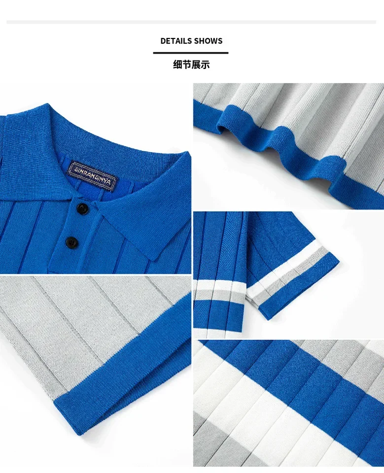 Men's Summer New Fashion Blue Striped Casual Business Trendy Slim T-shirts Turn-down Collar Short Sleeve T-shirts Male Clothes