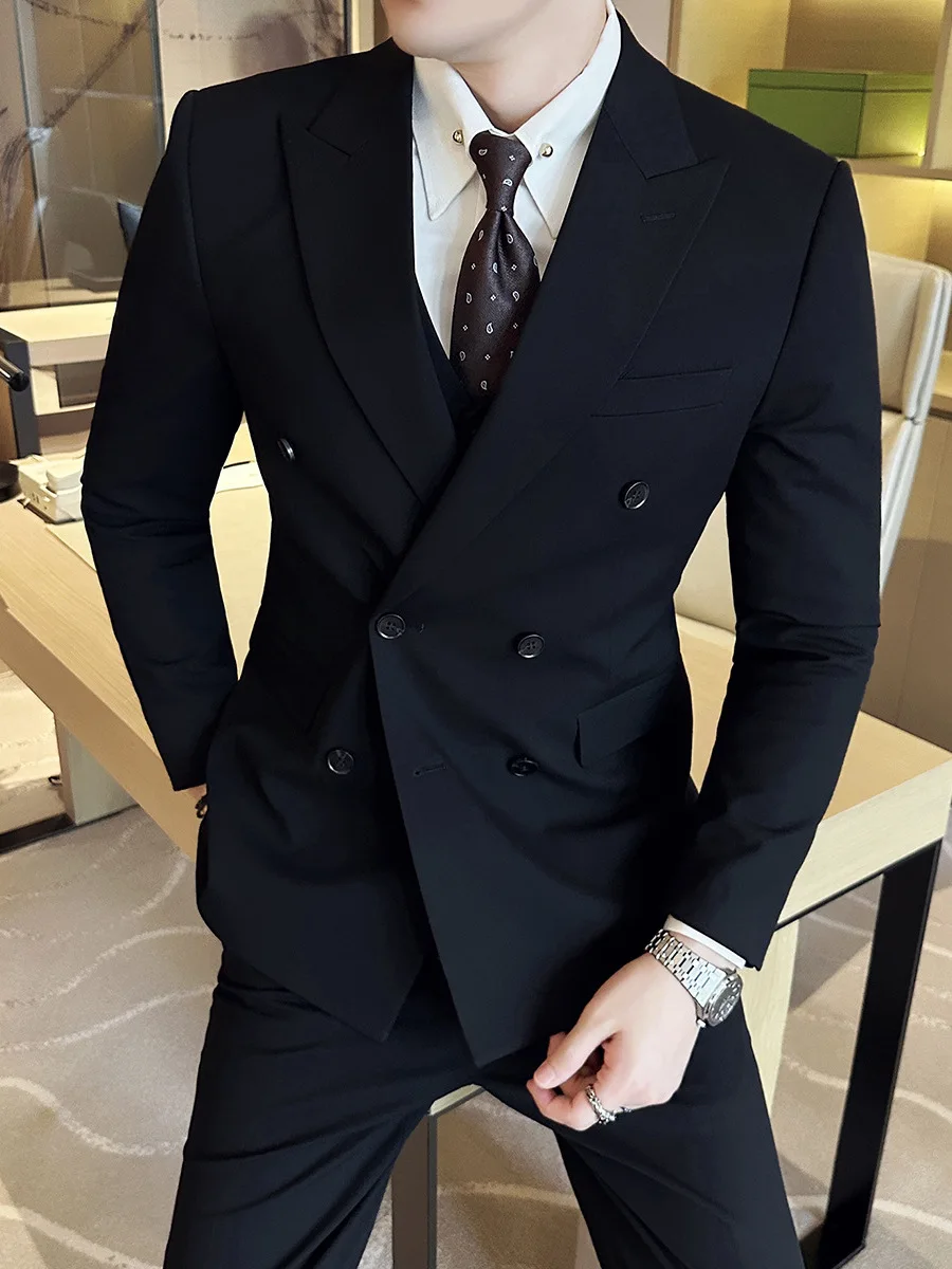 

M1018 men's wedding dress double-breasted gun lapel suit slim groom groomsmen suit three-piece commuter suit