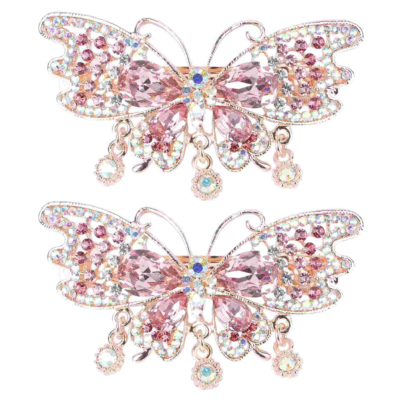 

2 Pcs Diamond Butterfly Hair Clip Clips Woman Barrette Women Automatic for Thick Simple Headdress Iron