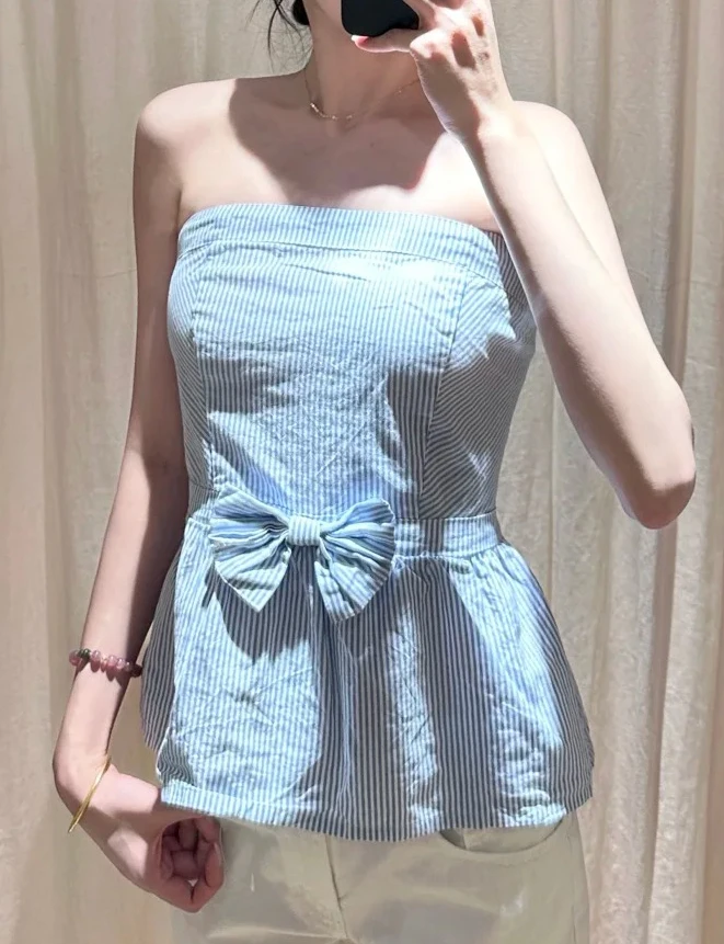 

Синий полосатый топ с эластичным бантом на спине, женский новый шикарный сексуальный хлопковый жилет без бретелек без рукавов, милые повседневные укороченные топы на бретелях Y2K