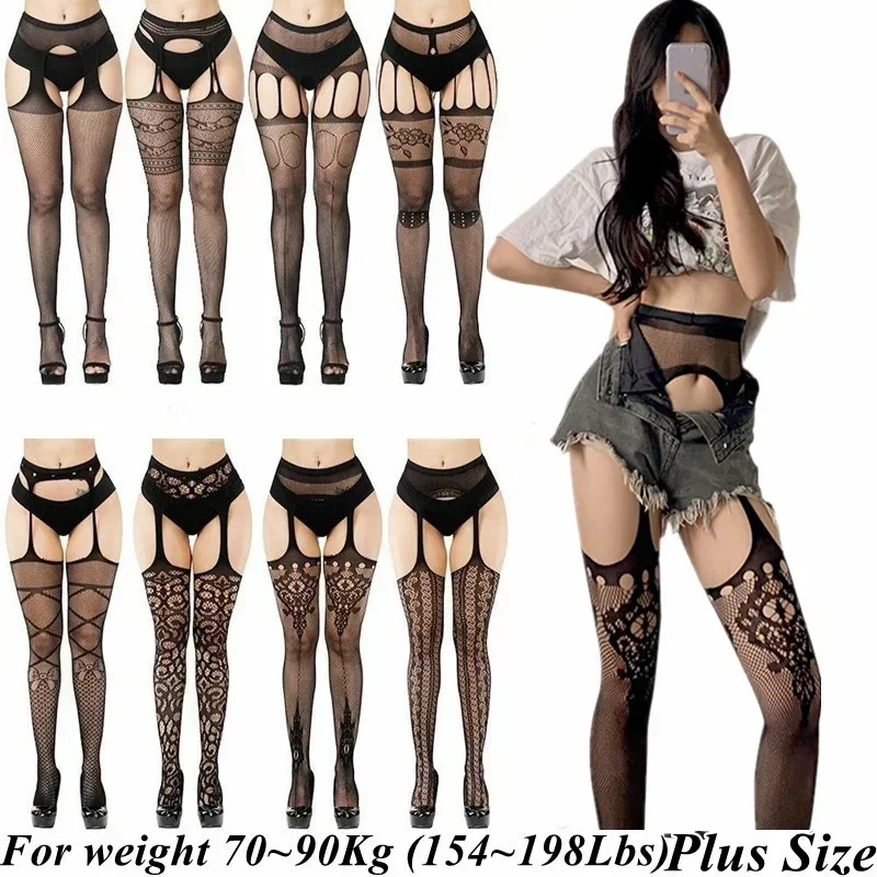 Plus Size Hollow Out knee Thigh High Stocking Black for Women Tights Fishnet Pantyhose Stockings Elastic Sexy Long Socks XXXXL