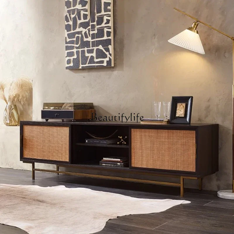 

LJYMedieval solid wood TV cabinet Large apartment living room rattan TV cabinet, Nordic retro oak