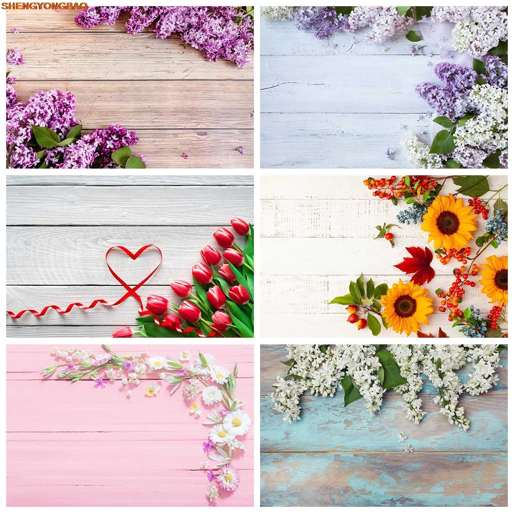

Floral Wooden Board Photography Backdrop Spring Plank Purple Wallpaper Background Product Shooting Props Studio