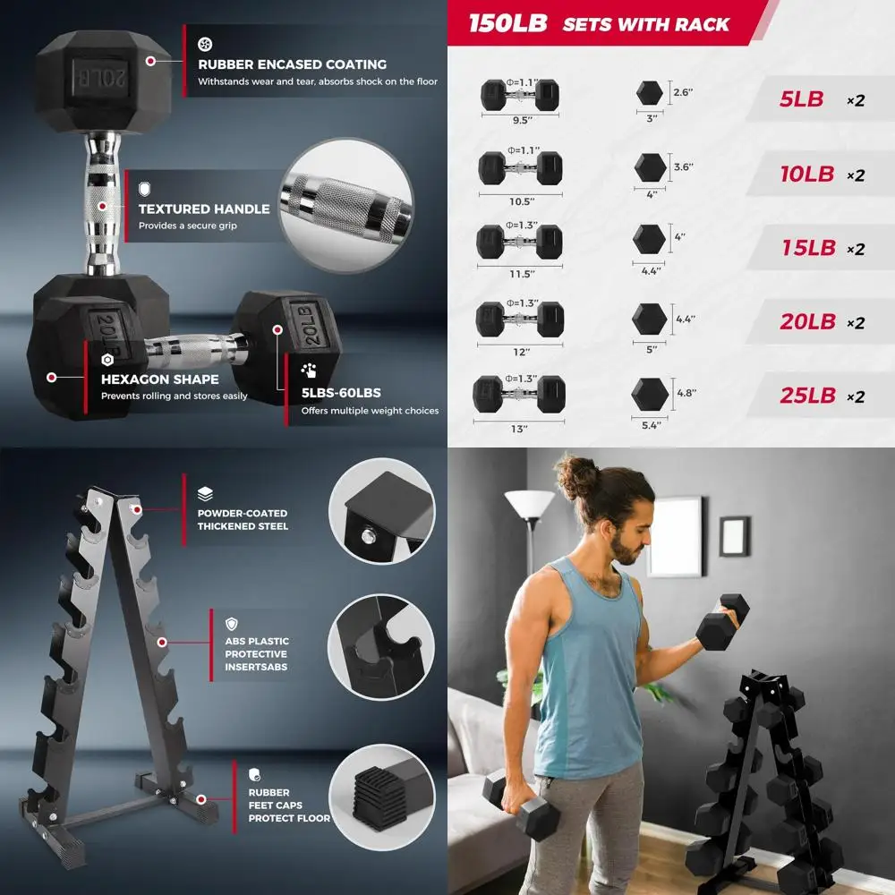 

650-180 LB Adjustable Rubber Hex Dumbbells Set with Optional Dumbbell Rack for Home Gym Use