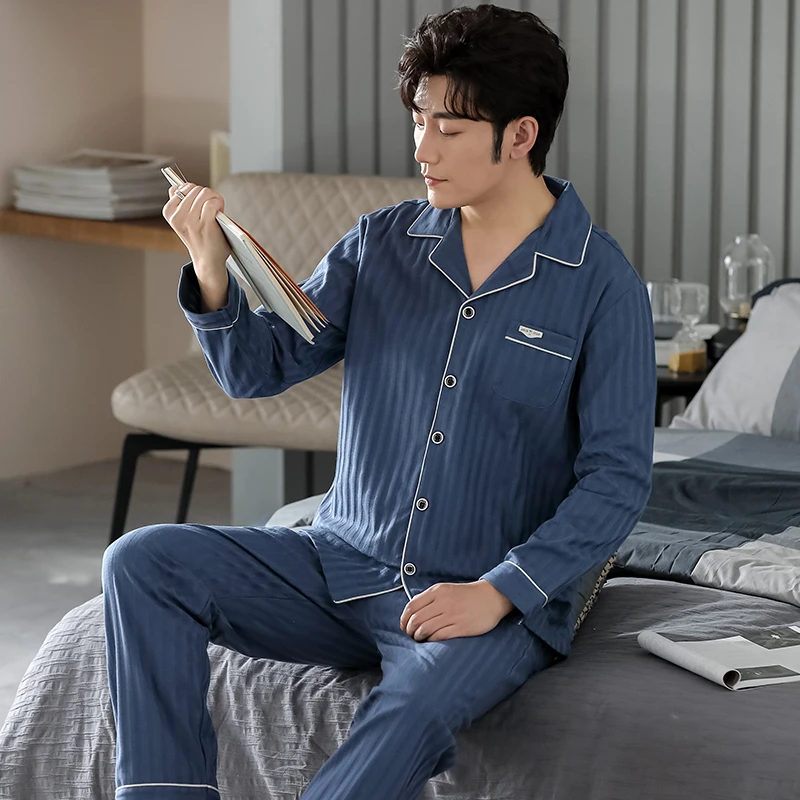 Blue Men Pajamas Set Long Sleeves Long Pants Autumn Winter Simple Sleepwear Casual Pijamas Male Pyjamas Soft Nighty Cozy Pjs Boy