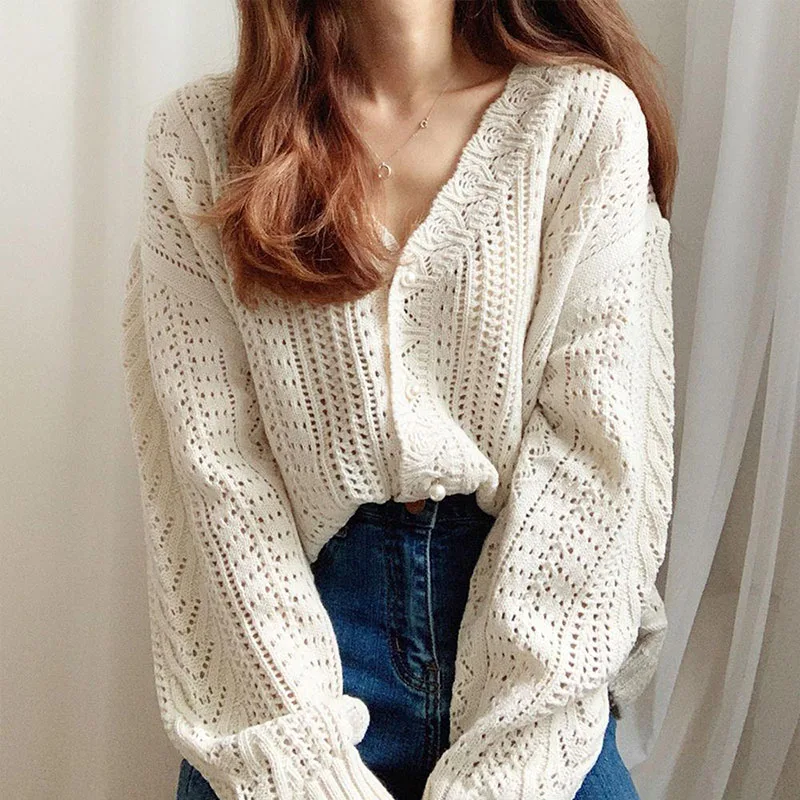 Lazy Style Loose Sweater Women Autumn Korean Hollow Out V-Neck Cardigans Woman 2023 Vintage Single-Breasted Long Sleeve Jacket