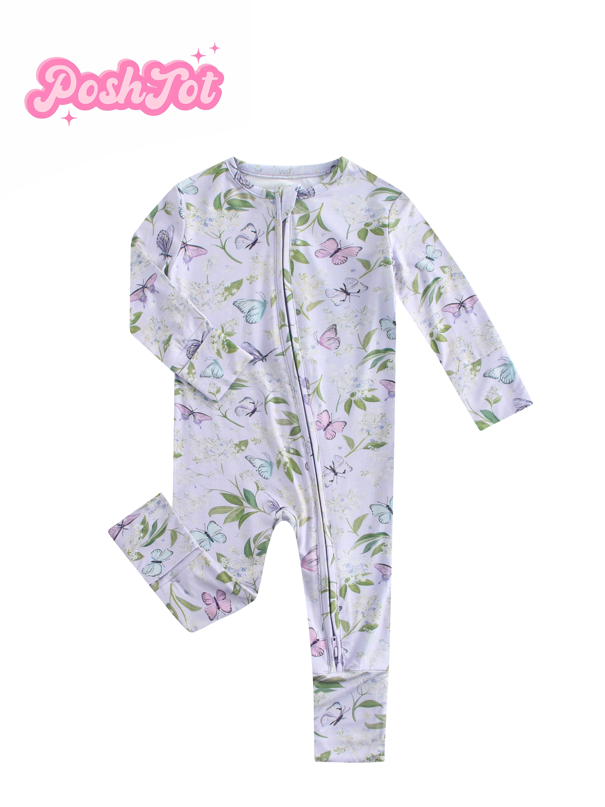 Poshtot purple Butterfly,Bamboo fiber baby crawler zip-up onesie fallow and play jumpsuit, hidden double zipper