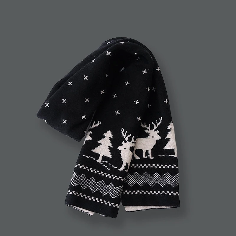 Christmas Women Men Scarf Double-Sided Deer Elk Teenager Girls Boys Knitted Shawl Adult Winter Scarves Family New Year Gift