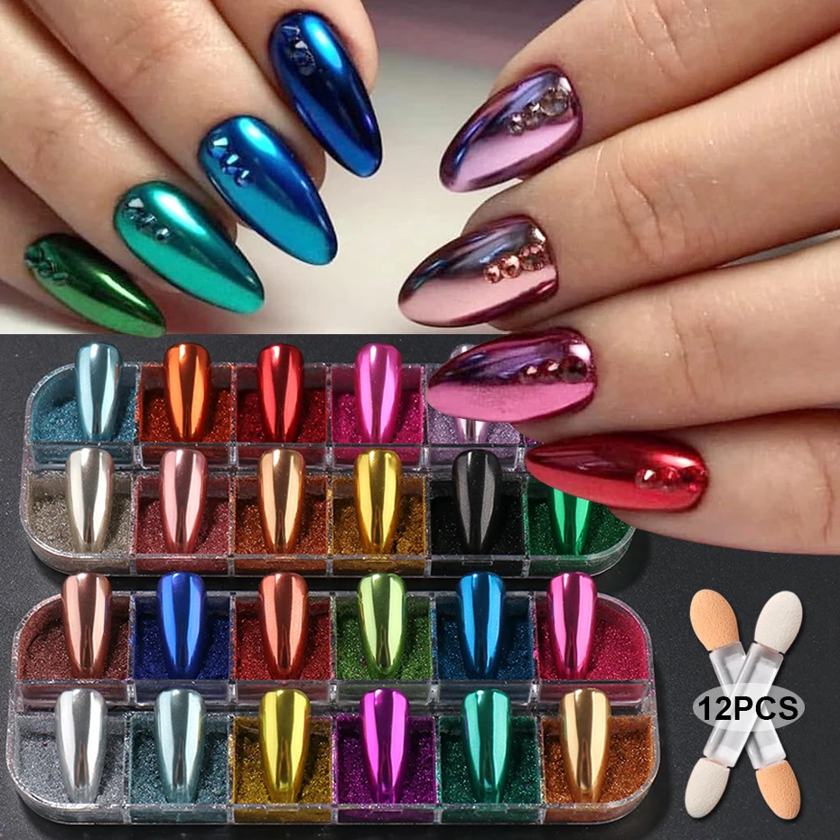 Poudre à ongles effet miroir magique 24 couleurs, paillettes pigmentées chrome rose or argent, effet métallique Y2K, poussière à frotter DIY pour l'été