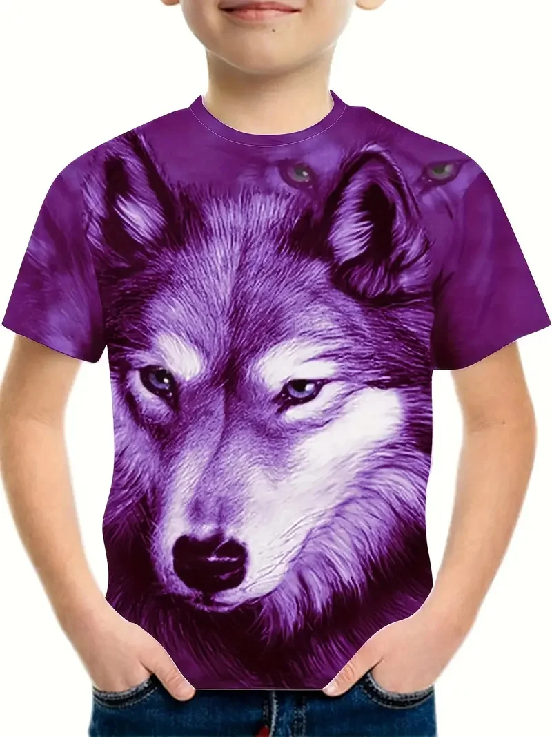 2024 Retro Wolf 3dพิมพ์Top Teeเสื้อแฟชั่นTเสื้อสัตว์เด็กเสื้อผ้าอะนิเมะแขนสั้นสบายๆเสื้อผ้าเด็ก