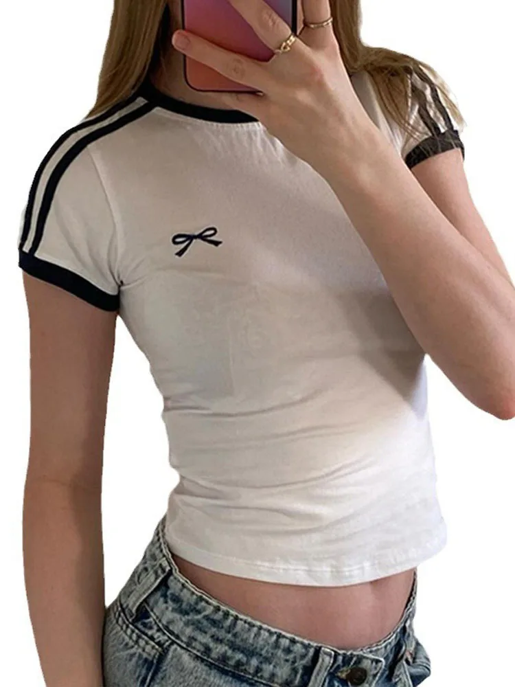 Contrast Embroidered Bow Crop Top Women Casual Striped Print Short Sleeve Slim White T Shirts Casual Streetwear y2k Tees
