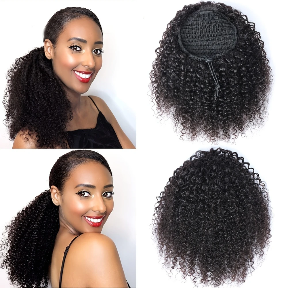 Clips de cabello humano en cola de caballo con cordón, cola de caballo larga y rizada con cordón para mujer, pelo de cola de caballo rizado negro de 8-26 pulgadas