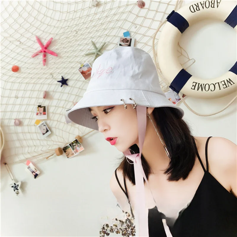 Fresh Elegant Women Bucket Hat Solid Color Goodbye Letter Embroidery Tie Band Sun Hat Beach Fisherman Hat for Summer Autumn