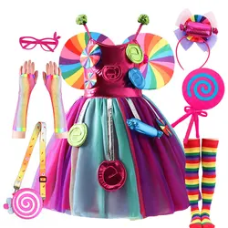 Dressy Lollipop Cosplay Costume Jewish Festival Purim Carnival Apparel Candy Dress with Sweet Headband Girls Birthday Party Tutu