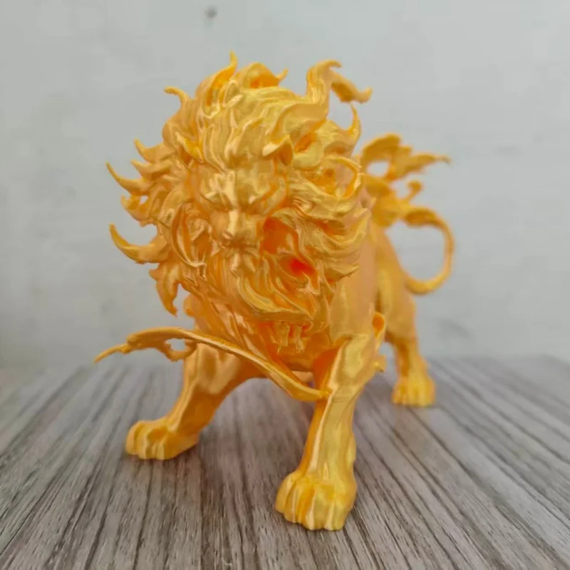 3D Printed Divine Beast Golden-Furred Hou Statue, Chinese Myth Fengshui Lion Beast Figurine Desktop Decor Collectible Ornament