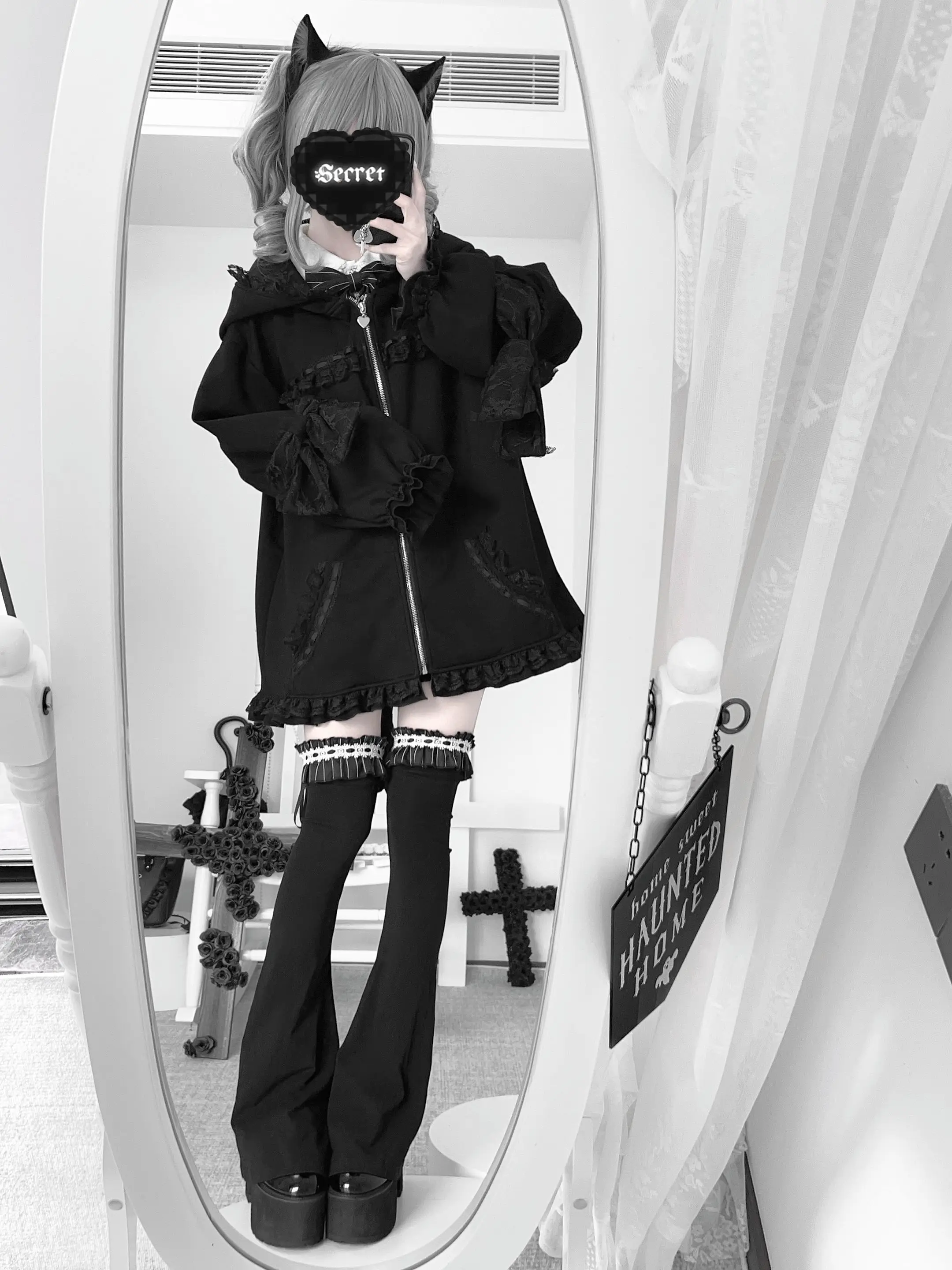 Original Japanese Lolita Zip Cardigans Coat Cute Cat Ears Hooded Long Sleeve Jacket Mid-long Subculture Cat's Tail Black Outwear