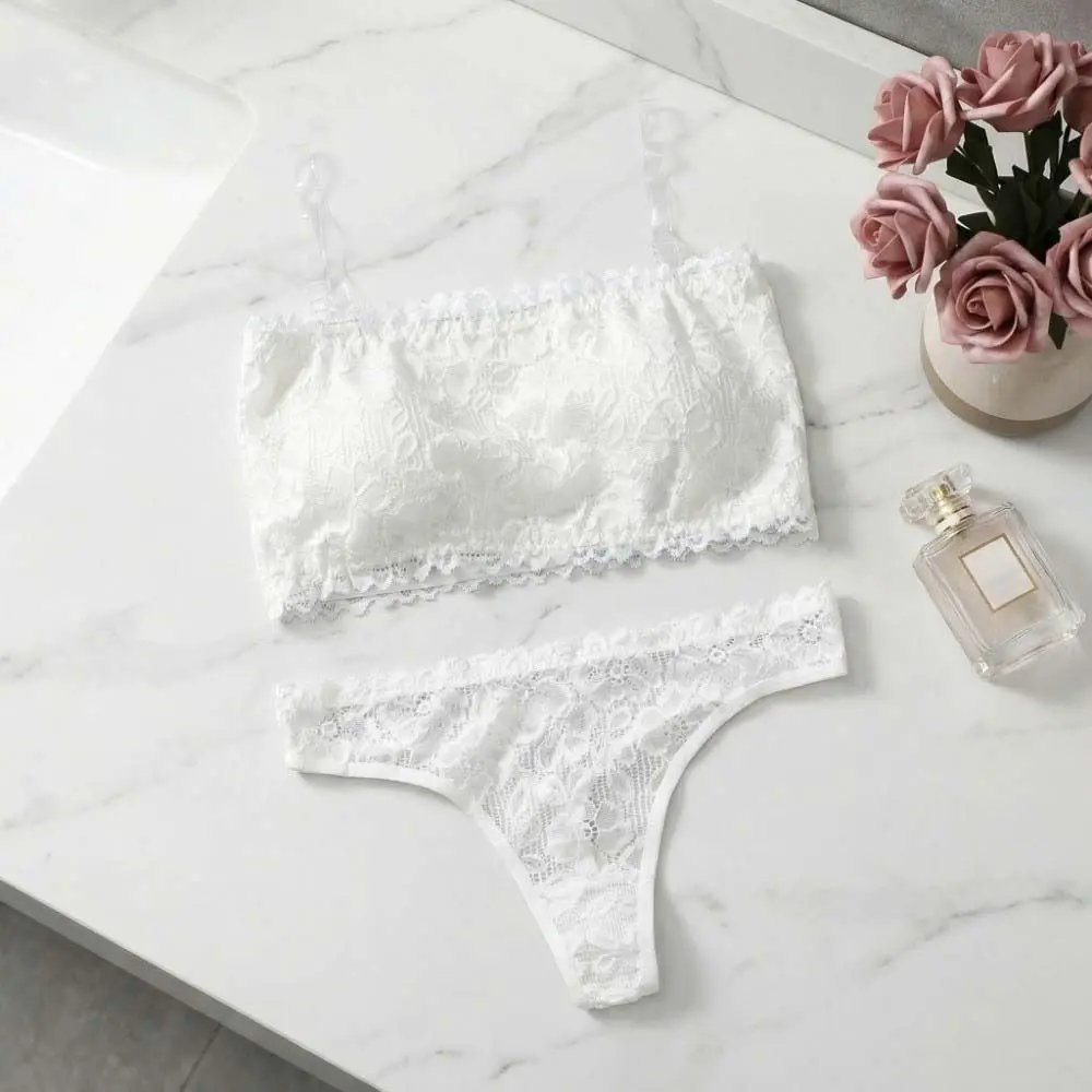 

Lace Sheer Flower Thong Bra Set Invisible Straps Low Waist Floral Panties Bra Kit Lingerie Embroidery Underwear for Women Ladies