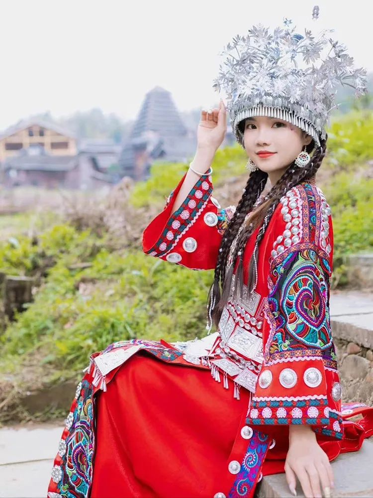 

Ethnic costume women's red embroidered top long dress hat collar suit exotic wedding performance