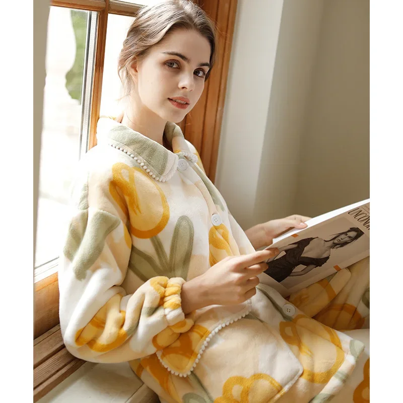 New Winter Women Pajamas Set Thickened Fashion Elegant Composite Fleece Warm Tulip Printing Long Home Sleepwear Women's Clothing