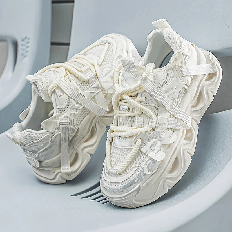 Thick-Soled Dad Shoes for Men, Trendy Brand with Thick Rope Laces, Breathable Mesh Casual Shoes, Functional Webbing Splicing, Height-Increasing Sneakers, Trendy Versatile Men's Outdoor Running Shoes