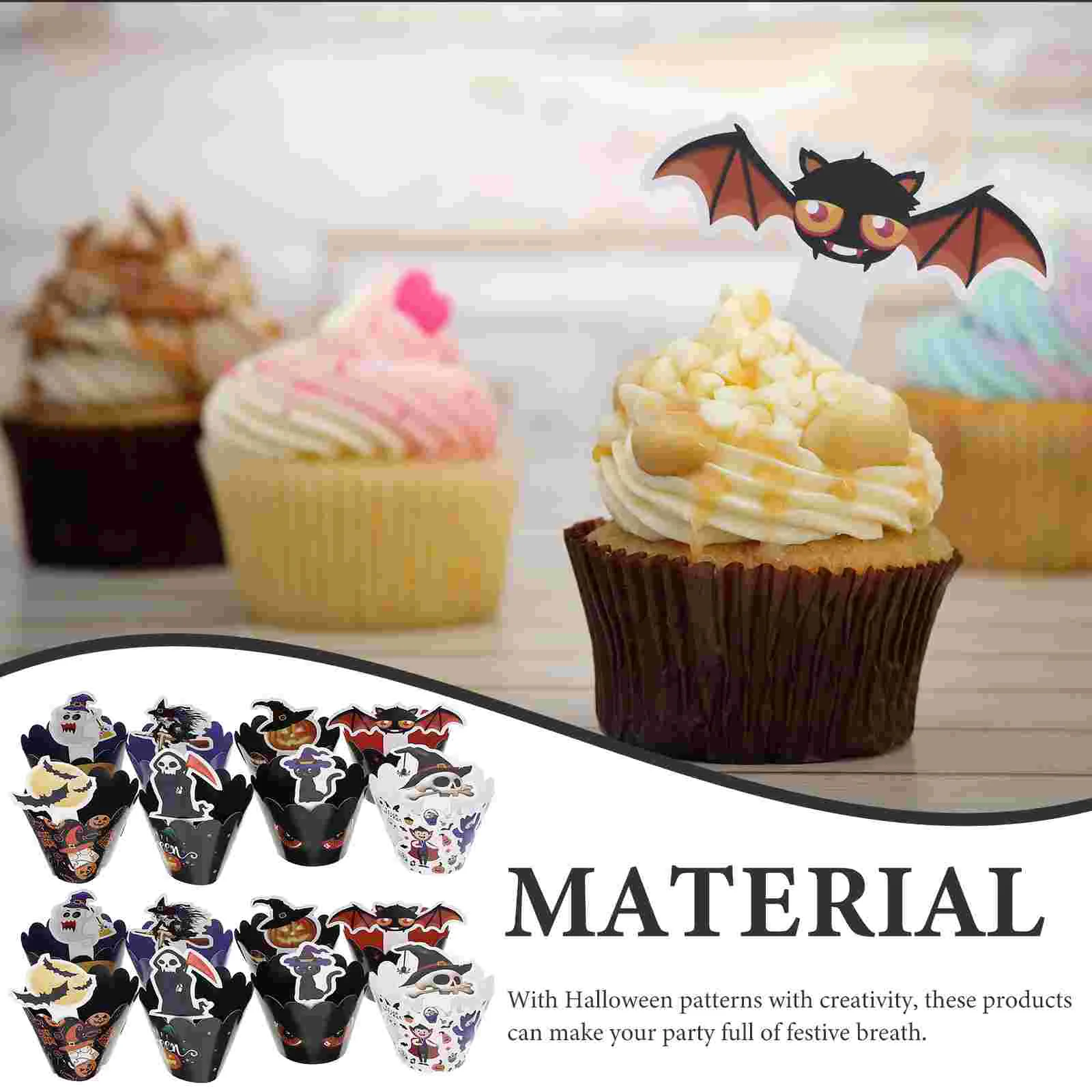 96 Pcs Halloween Cake Insert Toppers Party Decor Decorations Hat Dessert Supplies Cupcake Paper Picks Wrappers