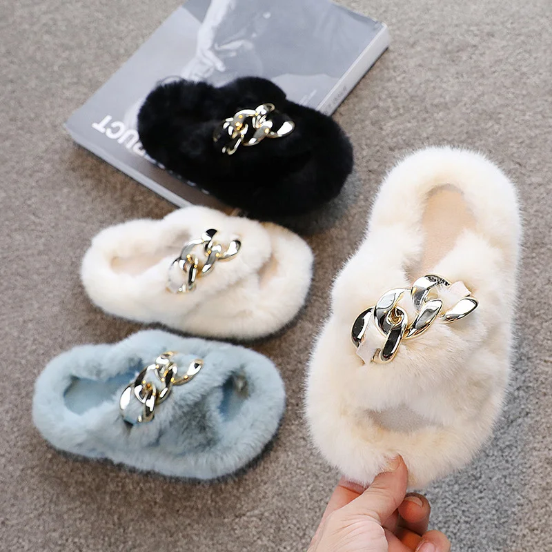 Children\'s Fashionable Slippers Girls Open Toe Metal Chain Plush Fur Shoes Kids Soild Home Indoor Non Slip Rubber Bottom Shoes