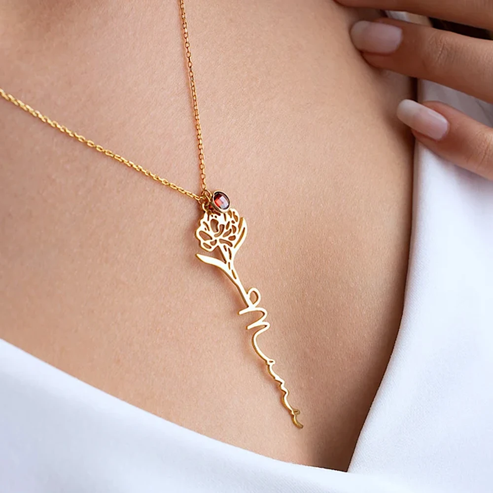 Nazwa własna naszyjnik kwiatowy z naszyjnikiem Birthstone dla kobiet spersonalizowana biżuteria ze stali nierdzewnej Choker prezent urodzinowy