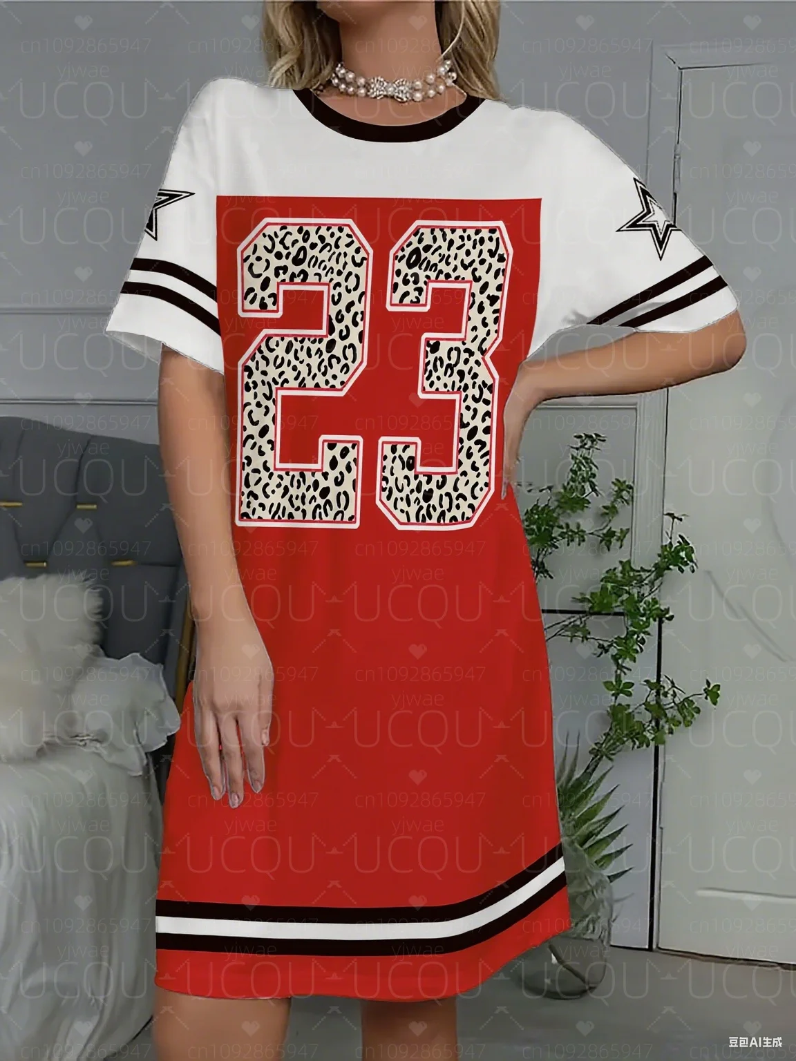 2025年夏 レディース Tシャツワンピース パジャマ風 カジュアル 23番プリント Oネック レディース半袖プルオーバーワンピース レディースナイトドレス