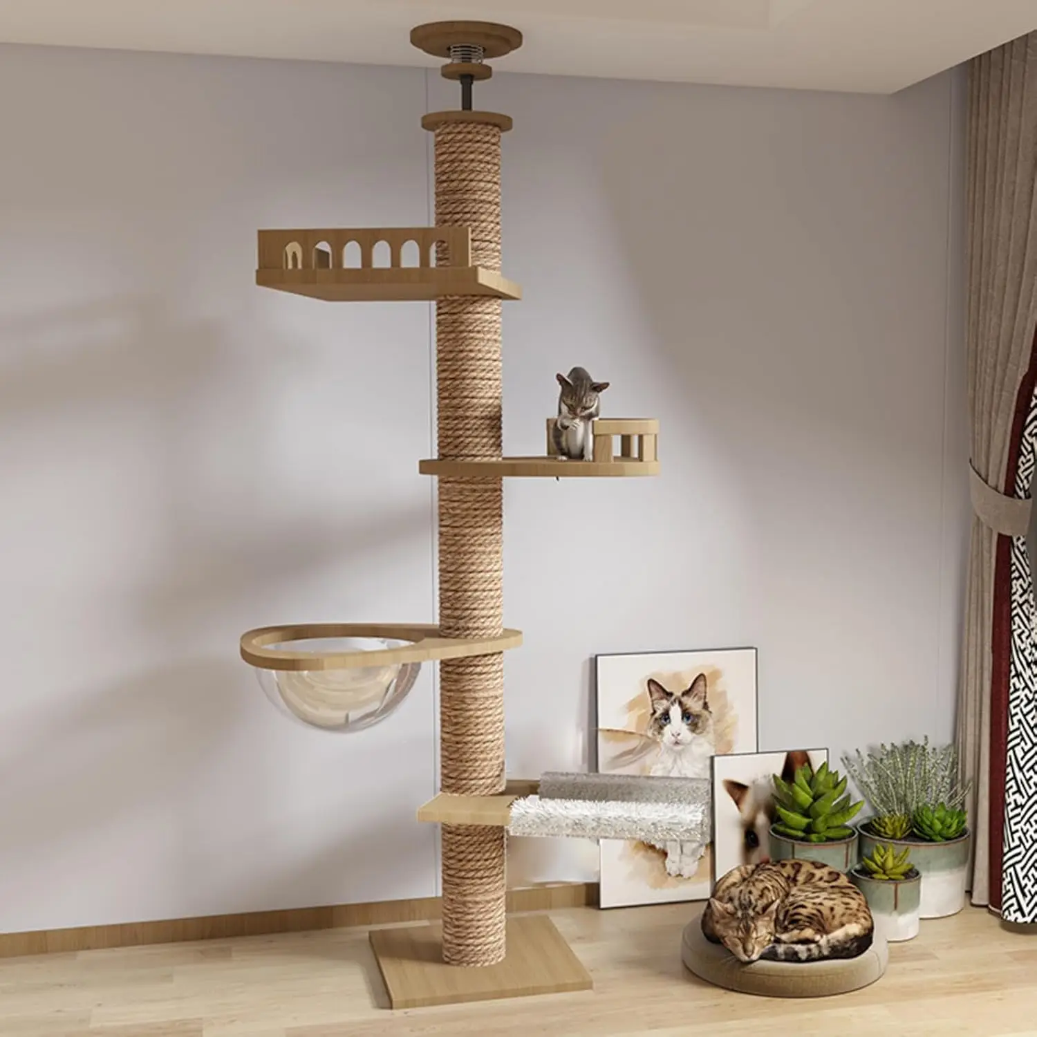 

Floor to Ceiling cat Tree - Adjustable Height - with Width 4.33 in Scratching Post,Fully Wrapped - Floor to Ceiling Cat Tower