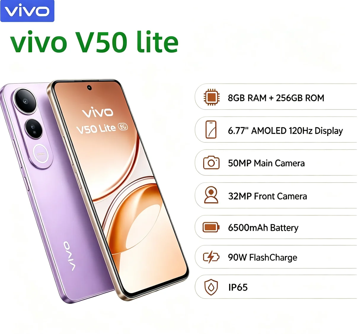 Trending 2026 VIVO V50 Lite Global Unlocked Cellphone 8GB RAM 256GB ROM 6.58 Inch Immersive Full‑View Display Dual 64MP