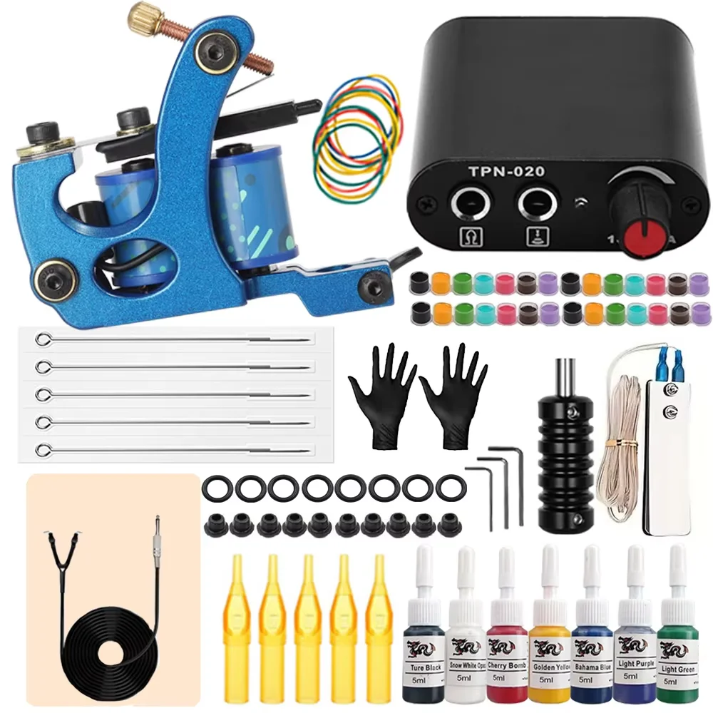 

Complete Tattoo Machine Gun Kit with 7 Inks Power Supply Foot Switch Pedal Clip Cord Set for Tattooing Beginner Set Supplies