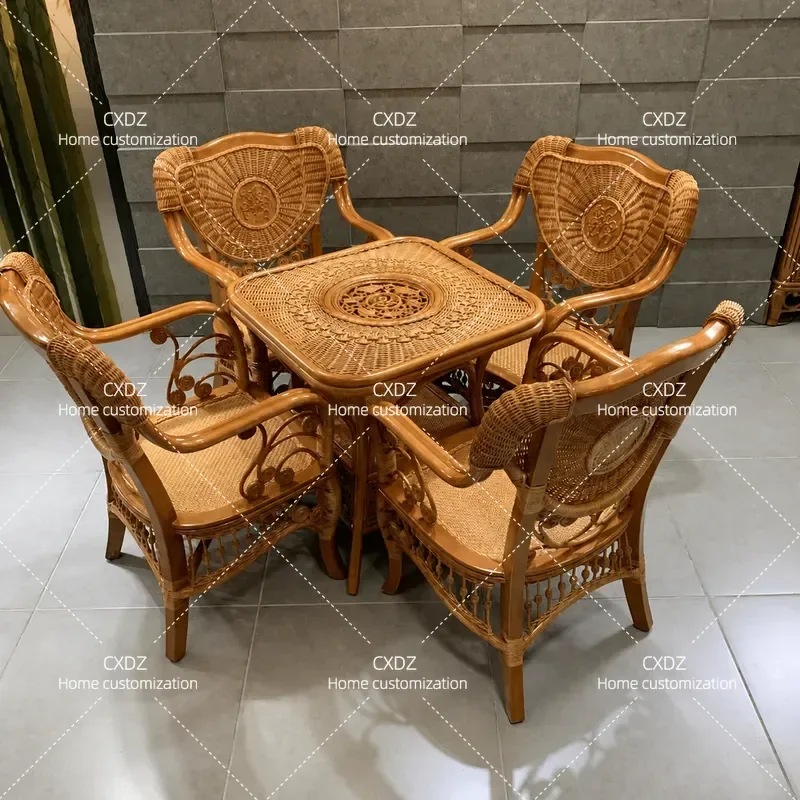 Natural Rattan Chair Set 3 Piece Balcony Leisure Furniture with Backrest Comfortable Seating for Elderly Tea Table and Chair