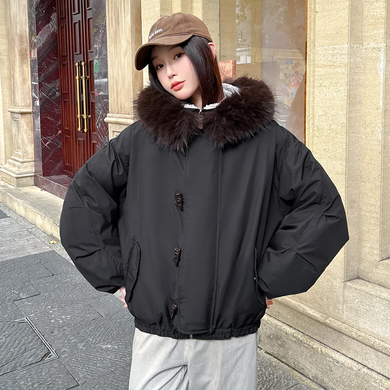 Women Hooded Puffer Jacket Short Faux Fur Trim Toggle Button Thickened Thermal Insulated Windproof Vintage Winter Outerwear