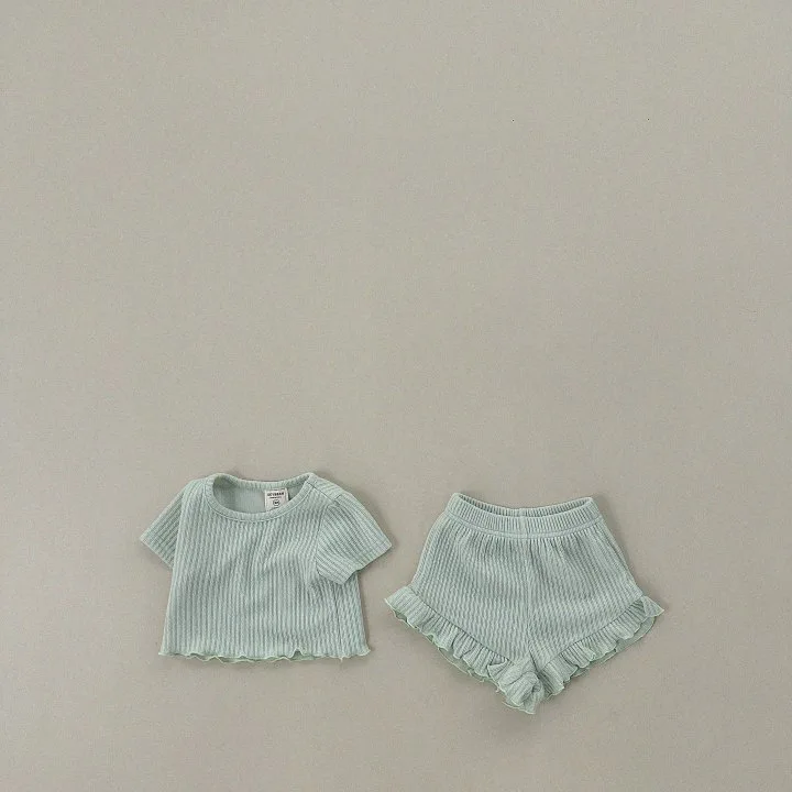 2024 Summer New Baby Girls Home Clothes Set Children Solid Short Sleeve + Lace Shorts 2pcs Suit Kids Thin Cute Princess Outfits