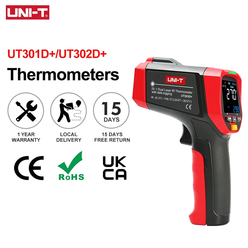 UNI-T cyfrowy termometr na podczerwień UT303D + przemysłowe bezkontaktowe termometry laserowy miernik temperatury pistolet-32 ℃-600 ℃ przechowywania danych