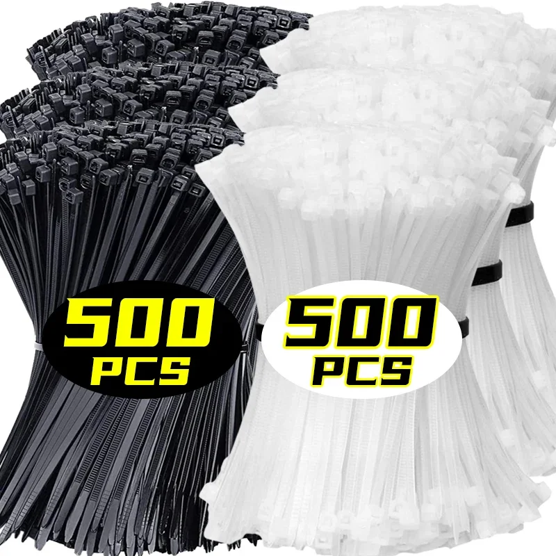 500/100Pcs Plastic Nylon Cable Ties Self-locking Cord Ties Straps Adjustable Zip Ties Wire Cables Fastening Loop for Home Office