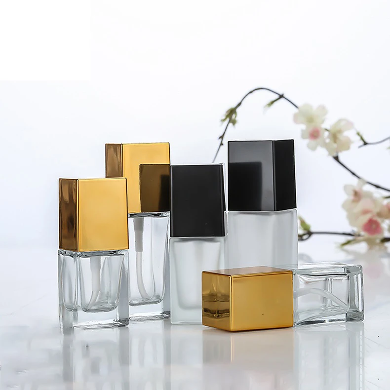 Empty Pump Bottle Glass Liquid Foundation Container Makeup 15ml-30ml Transparent Square Refillable Bottle Portable Pump Bottle