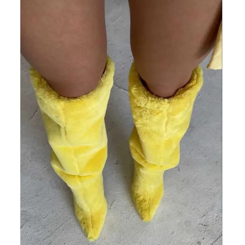 

Pink Lemon Yellow Fur Knee Boots Women Pointed Toe Orange High Heels Full Fluff Fur Boots Winter Female Warm Snow Shoes