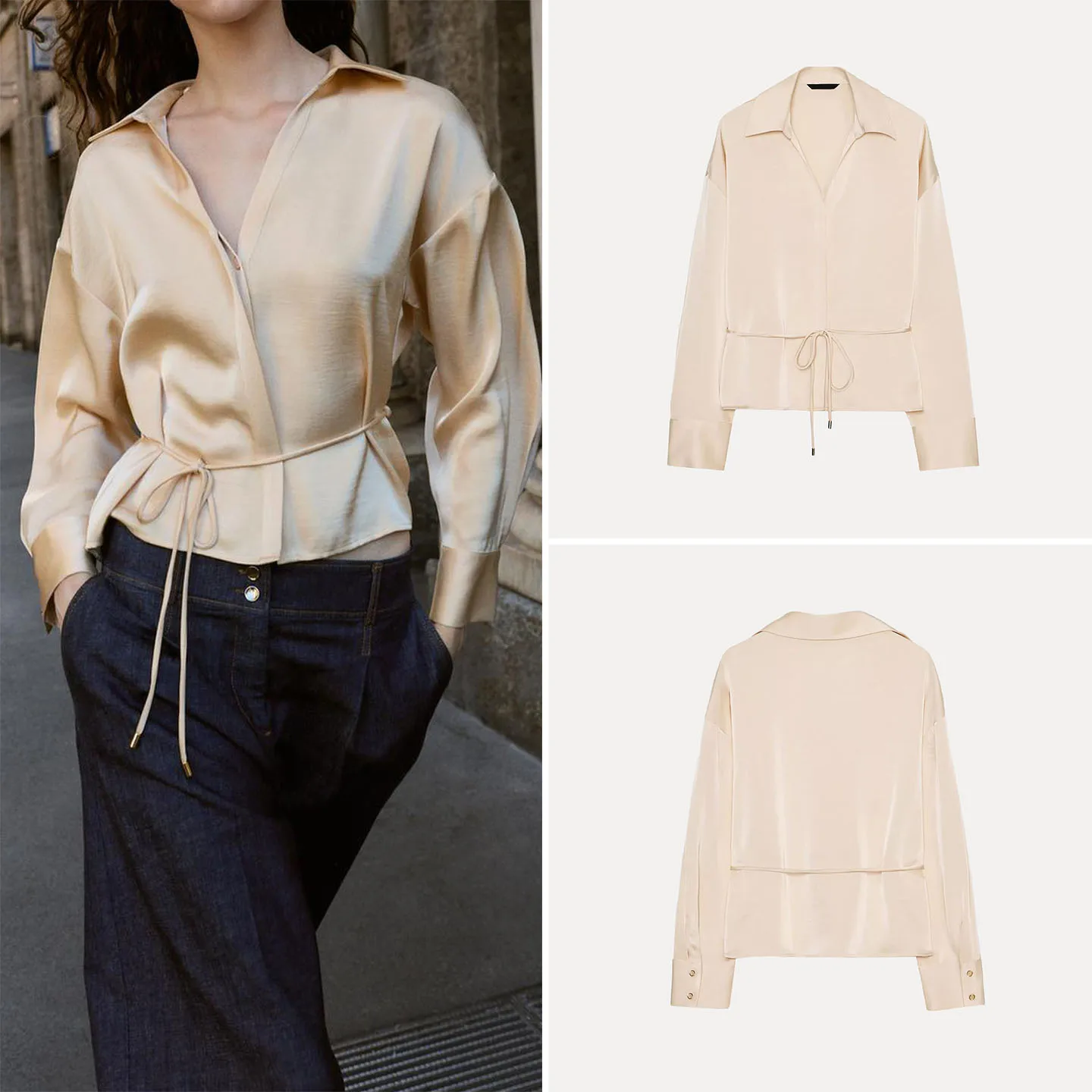 

Faionable Silk Satin irt Women's Slim Belted irt Velvet Fabric Long Sve Flip Collar Regular Thin China Made