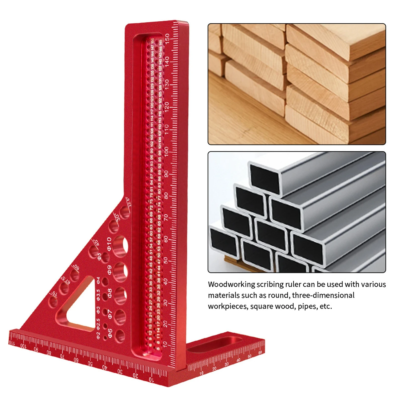 3D Multi Angle Measuring Ruler Metric Aluminum Alloy 22.5-90 Degree Woodworking Square Carpenter Hole Scribing with Pin