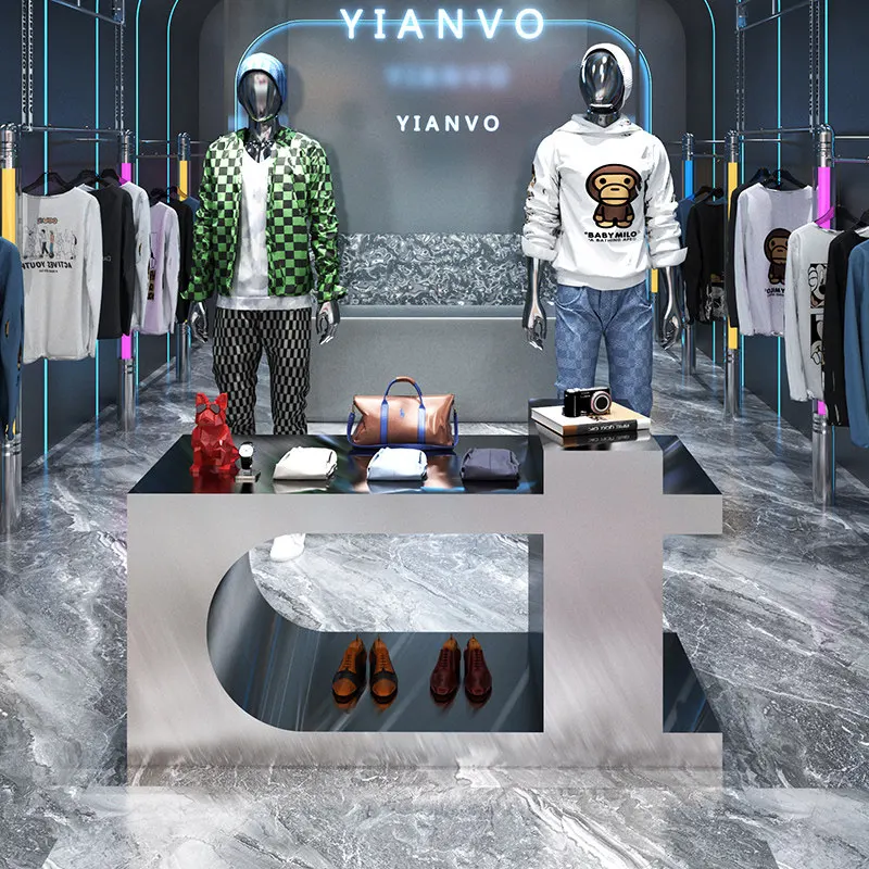 Clothing store island platform, merchandise display rack, shoe bag display table, stainless steel silver brushed display table