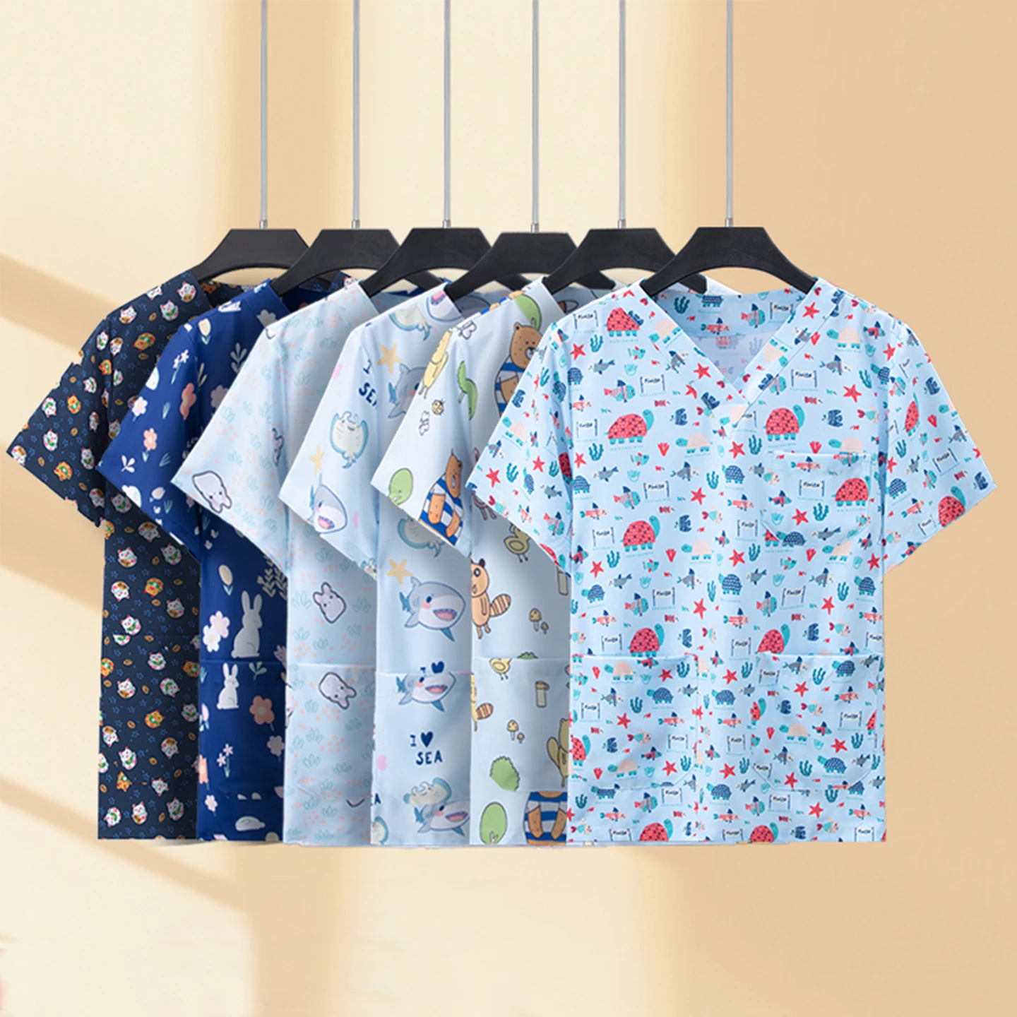 

Female Print Medical Uniform Scrubs Pet Hospital Clinic V Neck Workwear Soft Lightweight Dentists Nurse Slim Fits T-shirt YH007
