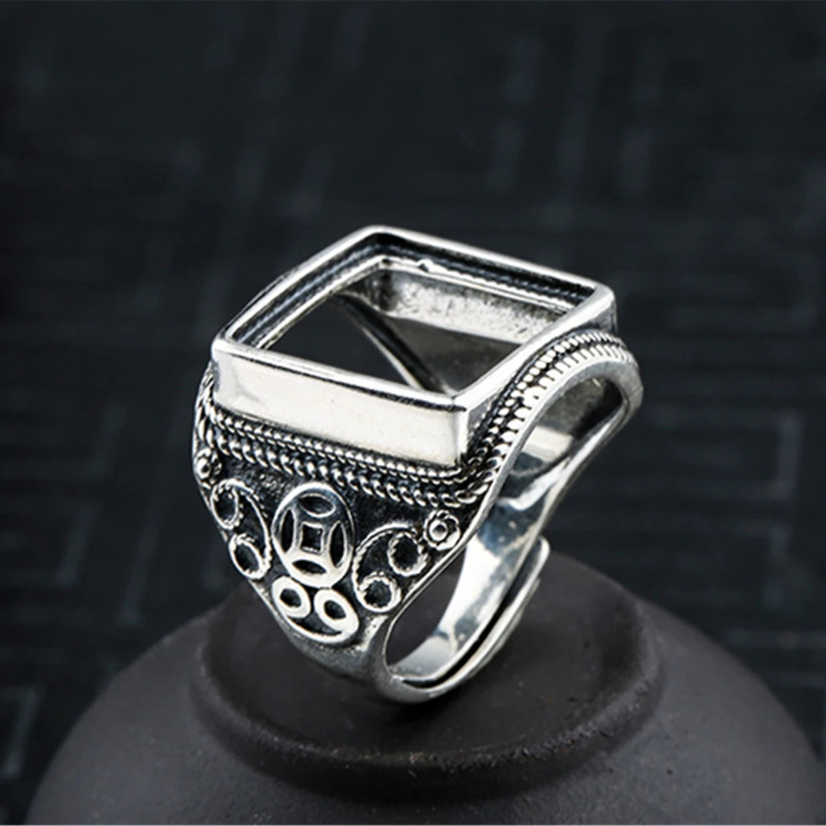 

Men's Ring Blank (15x15mm Square Blank) Adjustable Thai Sterling Silver Ring Base Square Cabochon Ring Setting R1362B