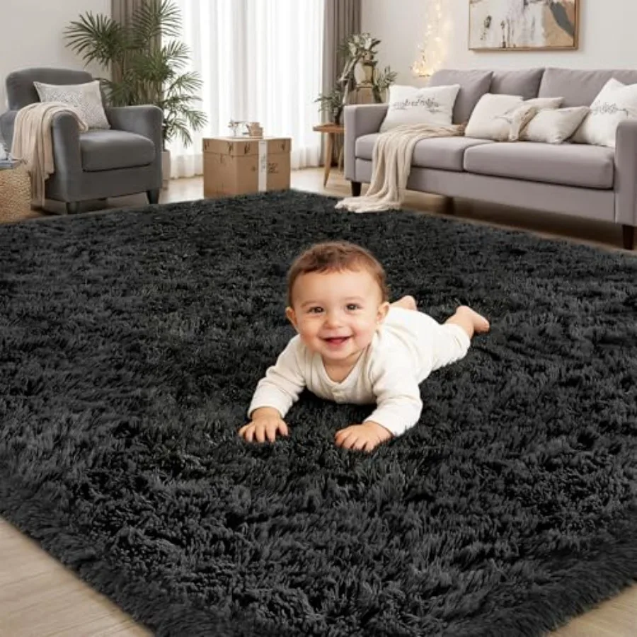 

Area Rug for Living Room Bedroom: 9x12 Black Soft Fluffy Shag Upgrade Non-Slip High Pile Carpet Large Fuzzy Plush Indoor Floor