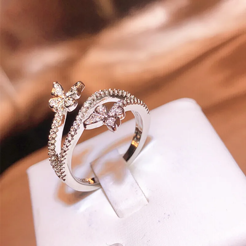 NEW Trend Irregular Double Butterfly Round Full Diamond Couple Ring For Women Geometric Silver-Plated Valentine' Gift Jewelry