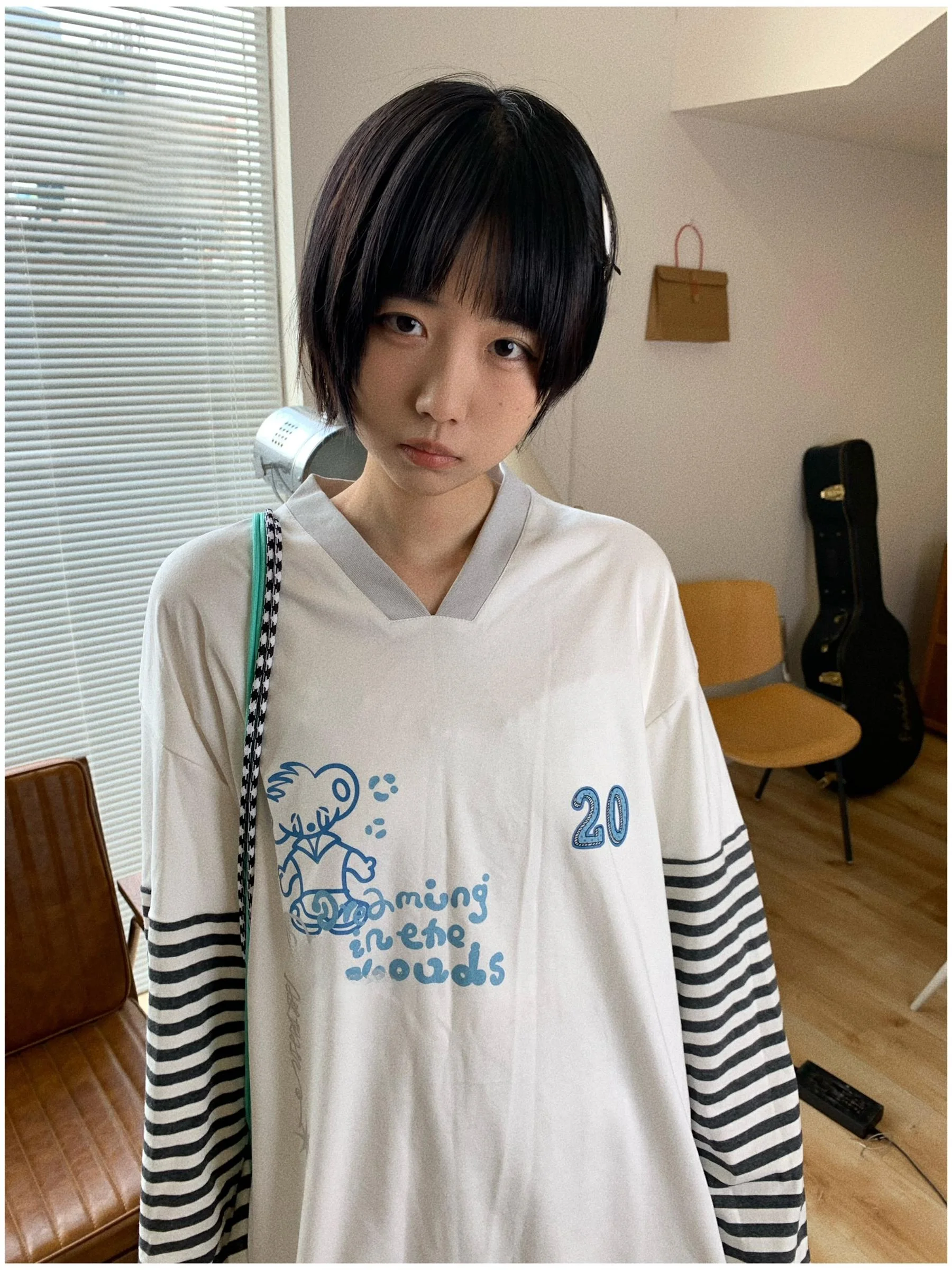 

Loose Long Sve V-Ne Stripe T-irt Bear Patchwork Air Train Spring Summer Original Design Sport Sle Women's Faion