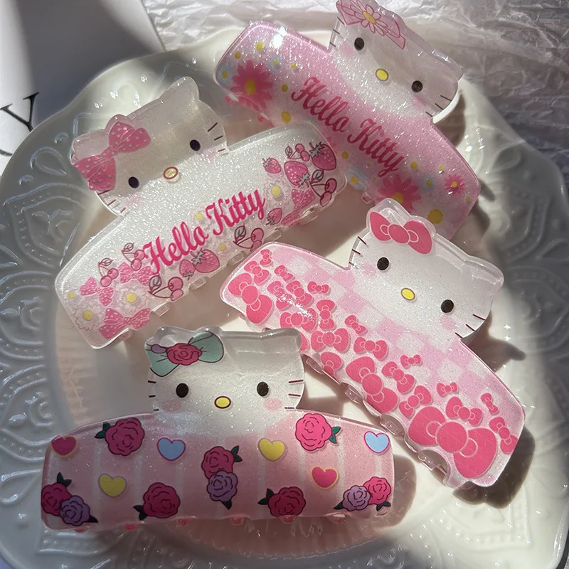 Sanrio Hello Kitty Summer Acrylic Flower Hair Clip Cute Sequin Pink Bow Tie Hair Clip Shark Clip Sweet Girl Style Kawaii Anime