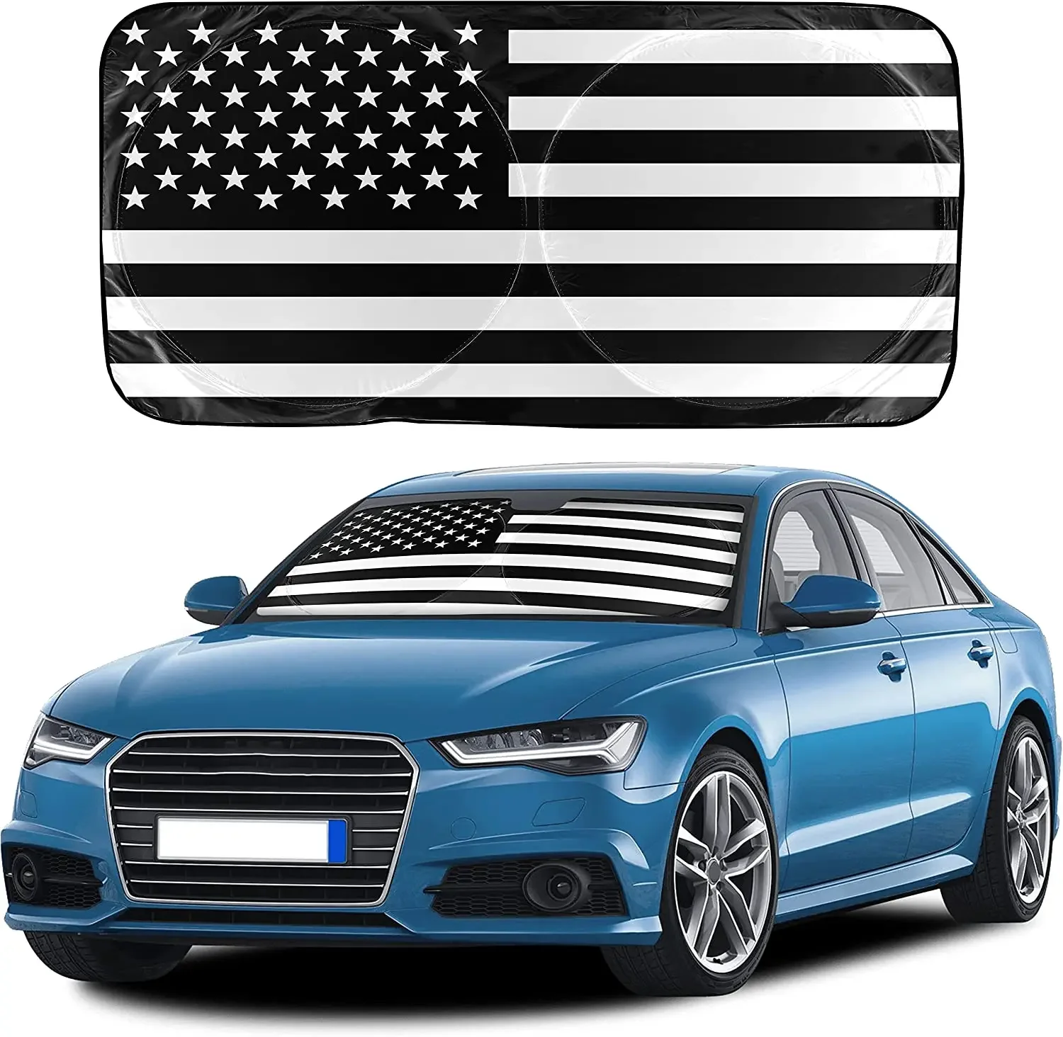 EcoNour Black American Flag Patriotic Car Sun Shade Windshield | Robust 240T Polyester Material Front Sun Visor for Car Windshie