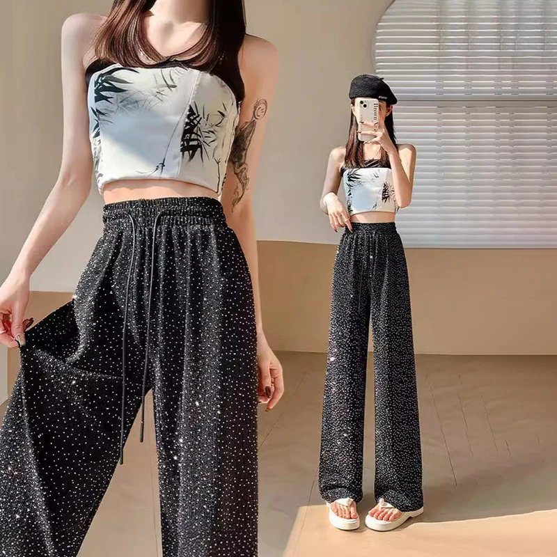 

Fashionable Shiny Hot Diamond Loose High Waist Casual Wide Leg Pants For Women